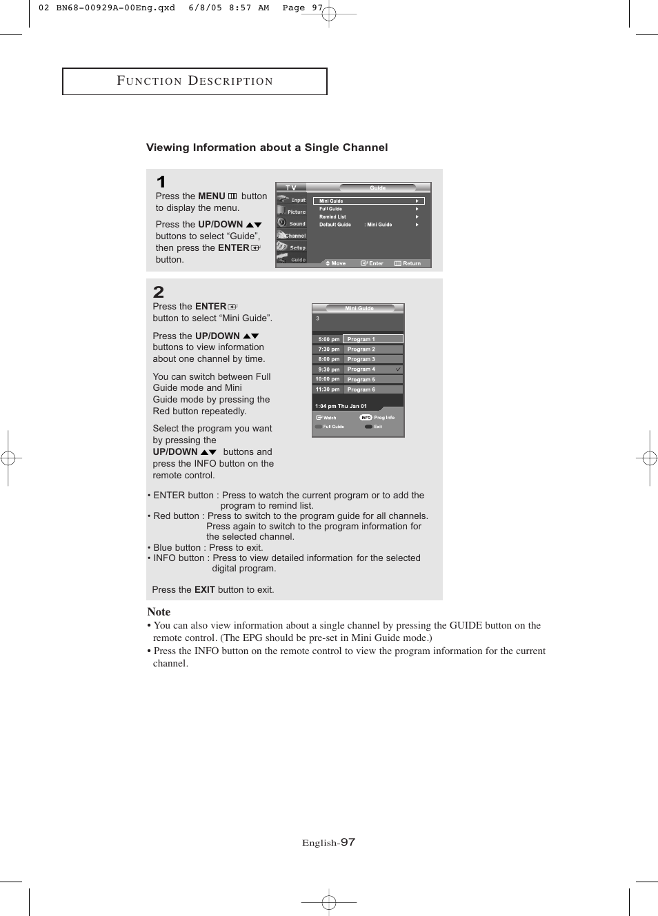 Viewing information about a single channel | Samsung LNR377DX-XAA User Manual | Page 103 / 114