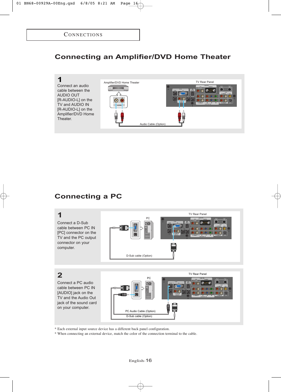 Connecting an amplifier/dvd home theater, Connecting a pc | Samsung LNR377DX-XAA User Manual | Page 22 / 114