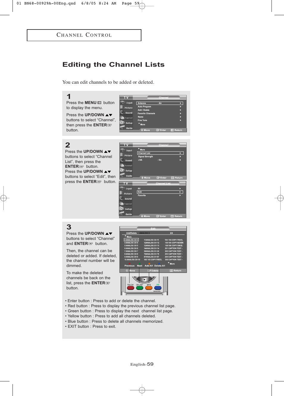 Editing the channel lists | Samsung LNR377DX-XAA User Manual | Page 65 / 114