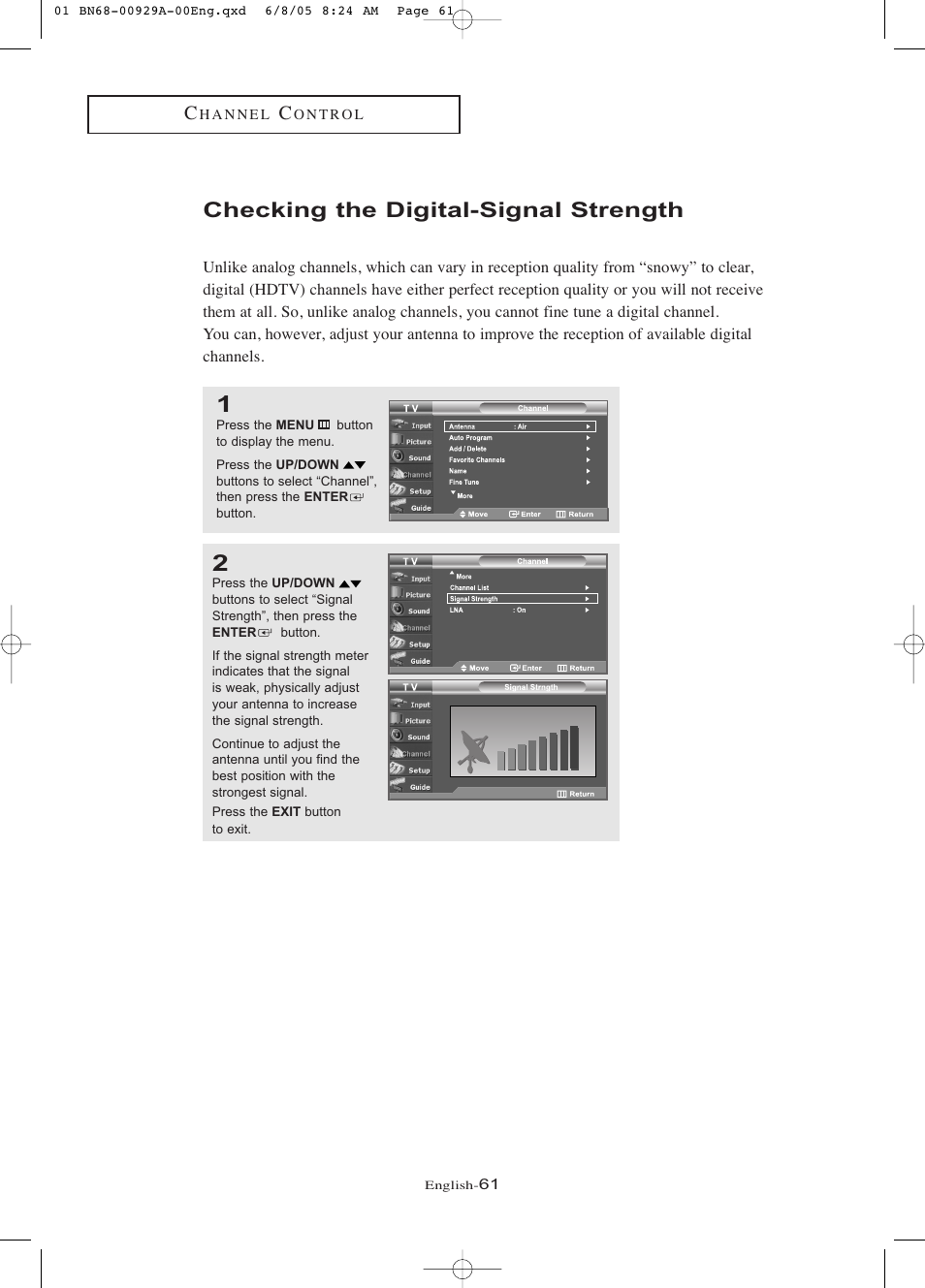 Checking the digital-signal strength | Samsung LNR377DX-XAA User Manual | Page 67 / 114