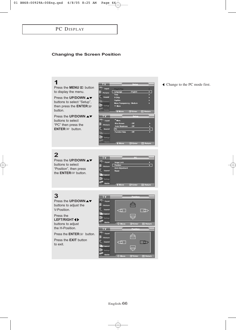 Changing the screen position, P c d | Samsung LNR377DX-XAA User Manual | Page 72 / 114