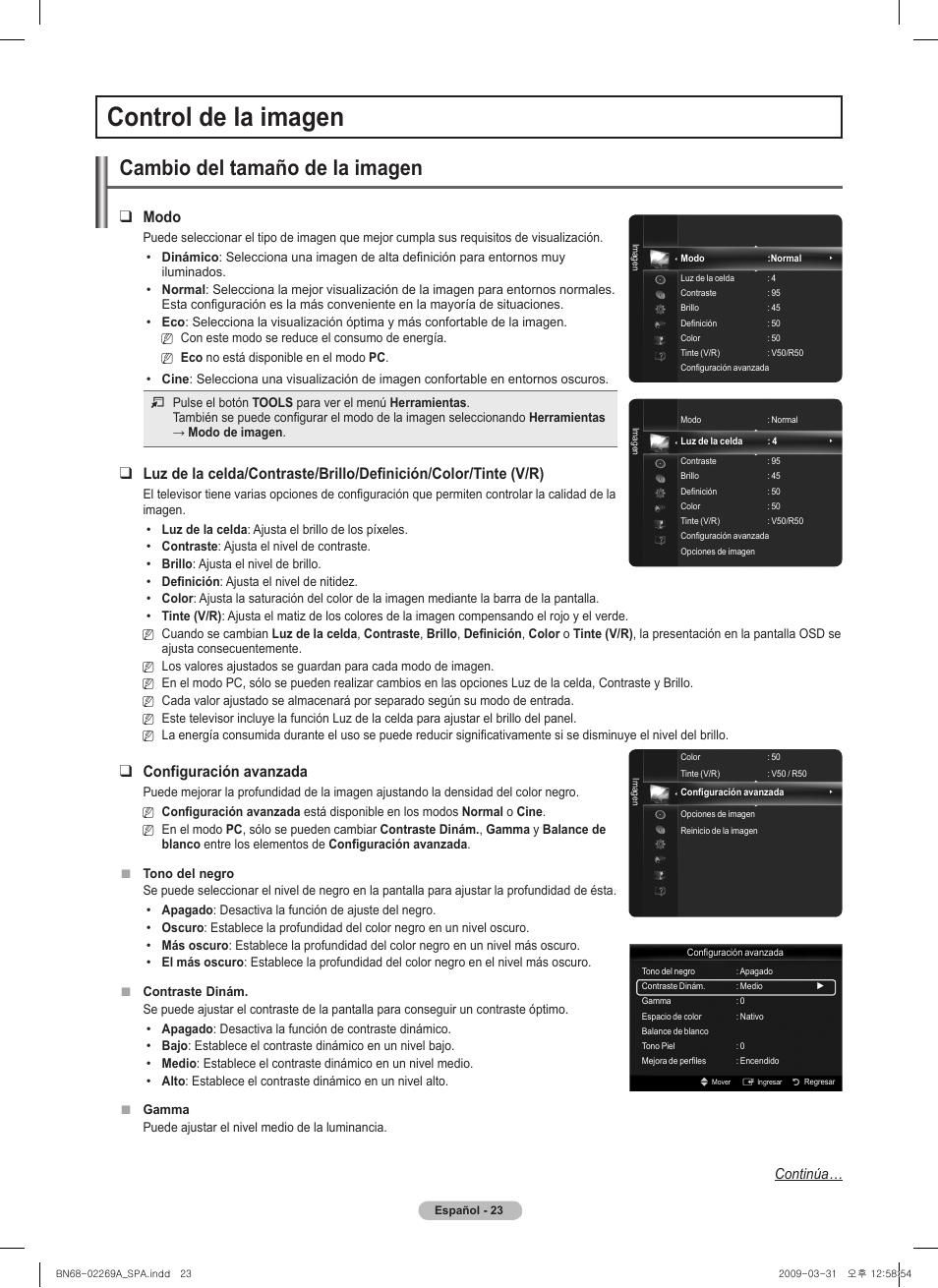 Control de la imagen, Cambio del tamaño de la imagen, Modo | Configuración avanzada, Continúa | Samsung PN58B650S1FXZA User Manual | Page 119 / 184