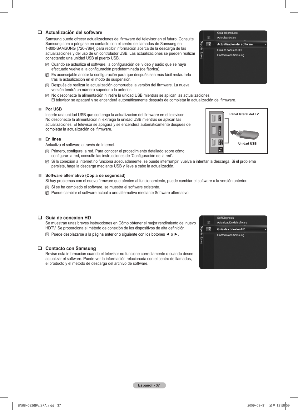 Actualización del software, Guía de conexión hd, Contacto con samsung | Samsung PN58B650S1FXZA User Manual | Page 133 / 184