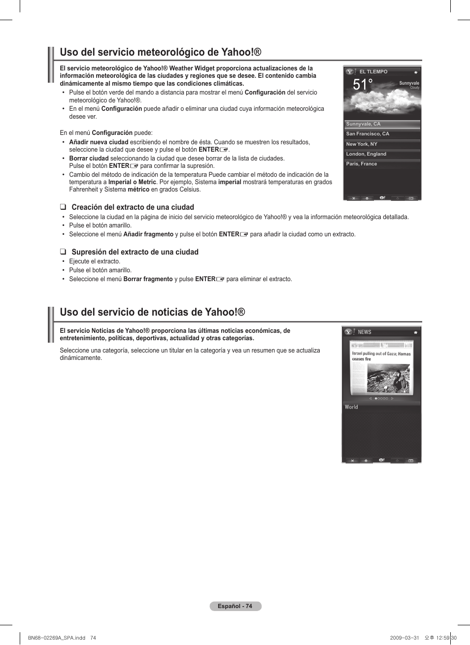 Uso del servicio meteorológico de yahoo, Uso del servicio de noticias de yahoo | Samsung PN58B650S1FXZA User Manual | Page 170 / 184