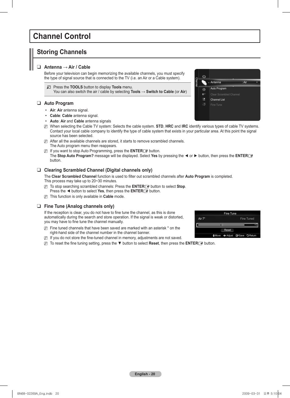 Channel control, Storing channels, Antenna→air/cable | Auto program, Clearing scrambled channel (digital channels only), Fine tune (analog channels only) | Samsung PN58B650S1FXZA User Manual | Page 20 / 184