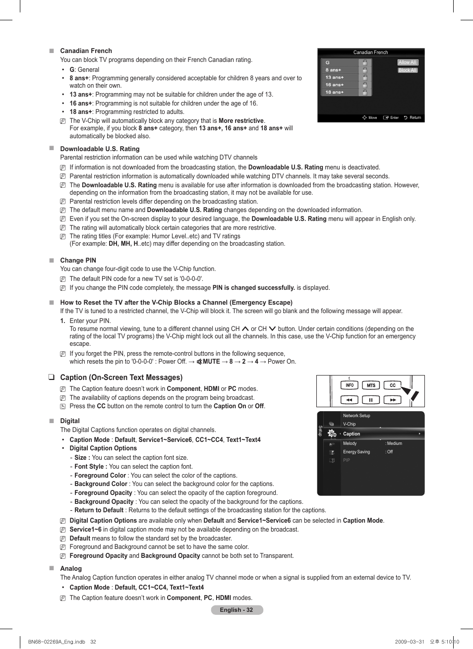 Caption (on-screen text messages) | Samsung PN58B650S1FXZA User Manual | Page 32 / 184