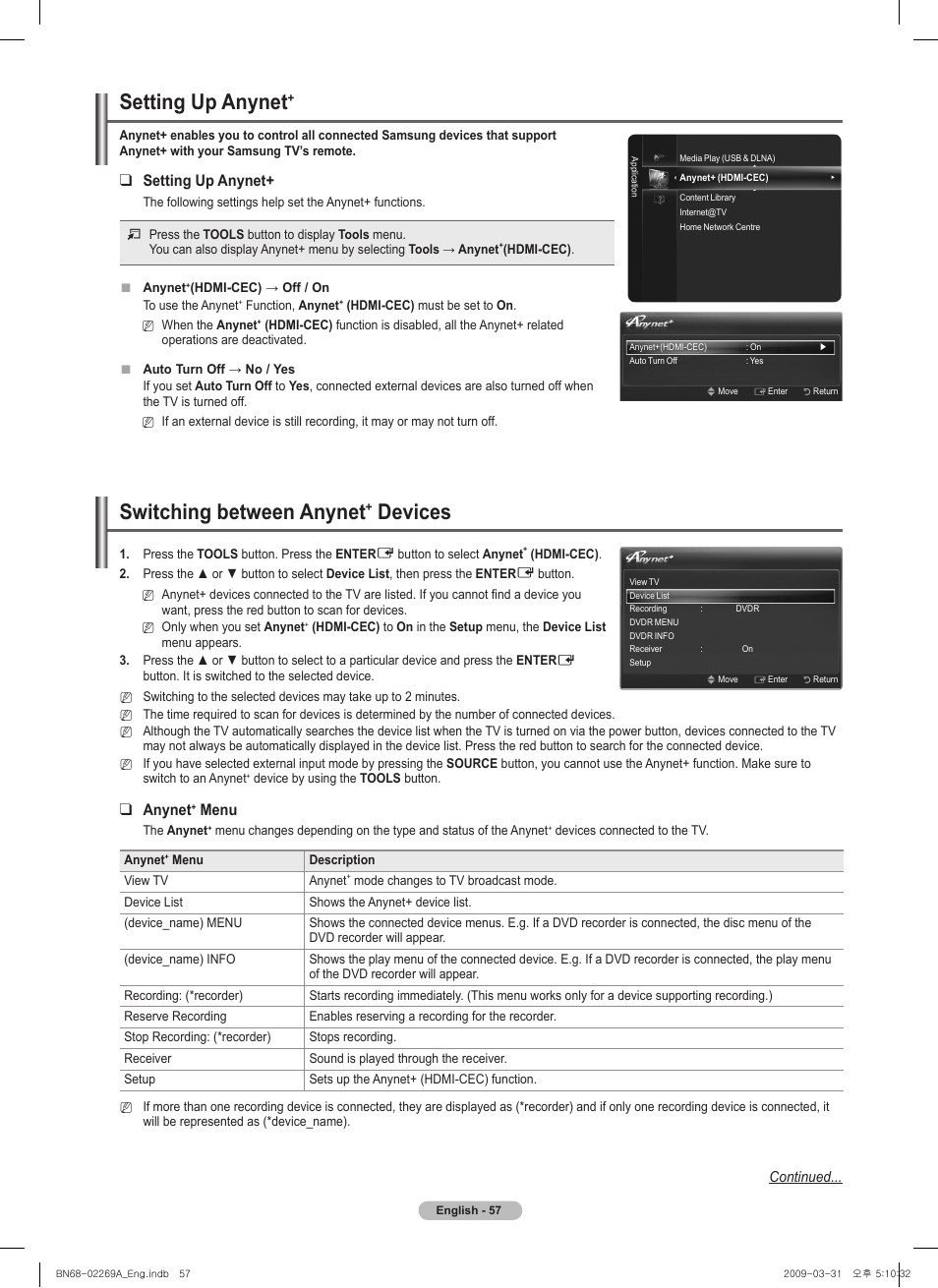 Setting up anynet, Switching between anynet, Devices | Anynet, Menu | Samsung PN58B650S1FXZA User Manual | Page 57 / 184