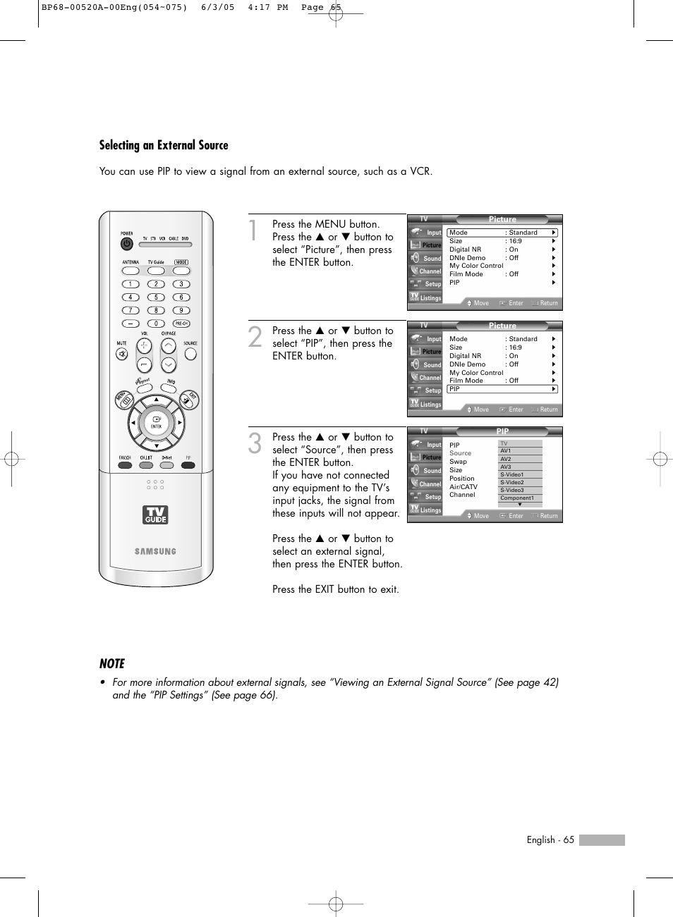 Selecting an external source | Samsung HLR6168WX-XAC User Manual | Page 65 / 144