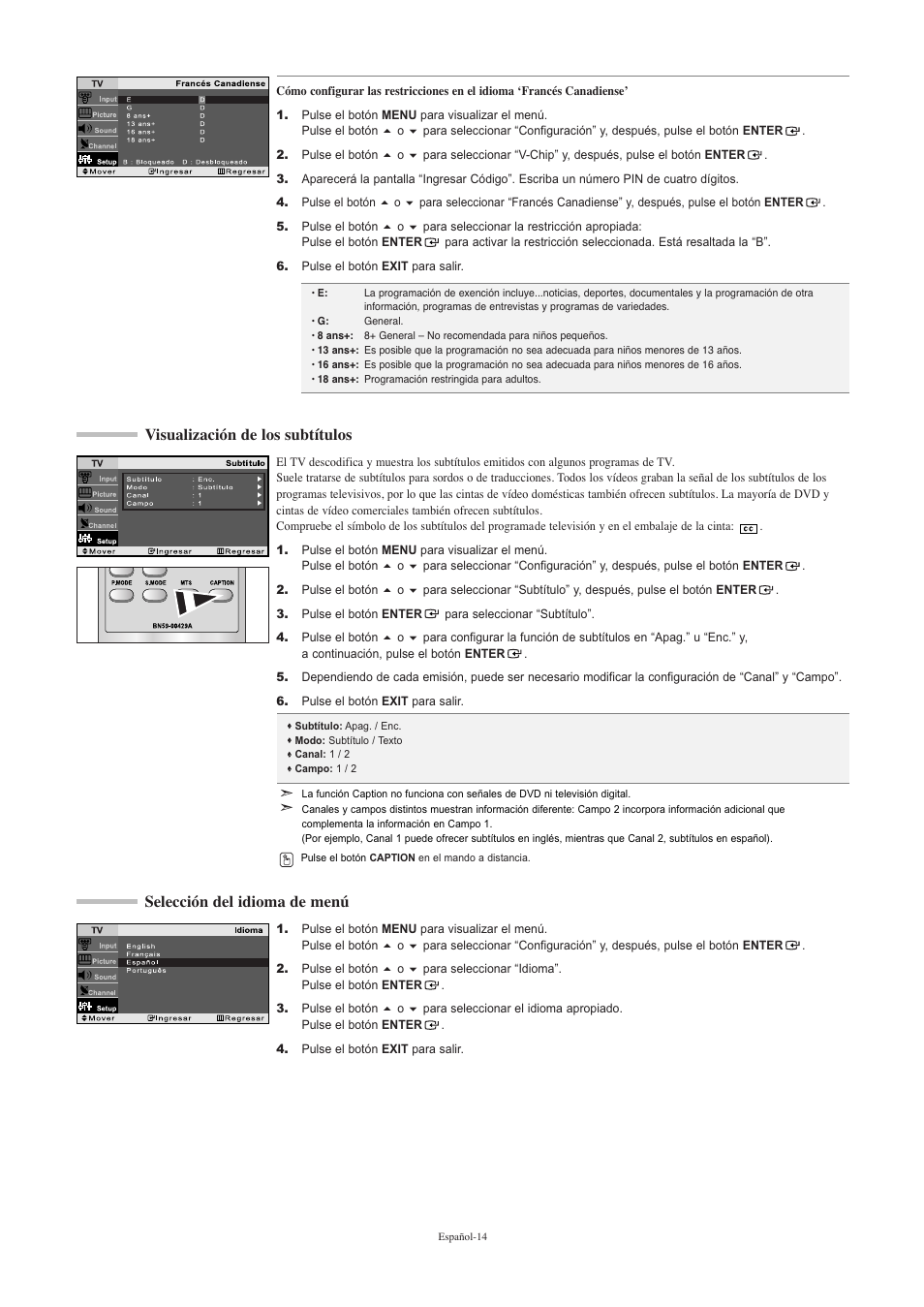 Visualización de los subtítulos, Selección del idioma de menú | Samsung LNR2050PX-XAA User Manual | Page 52 / 56