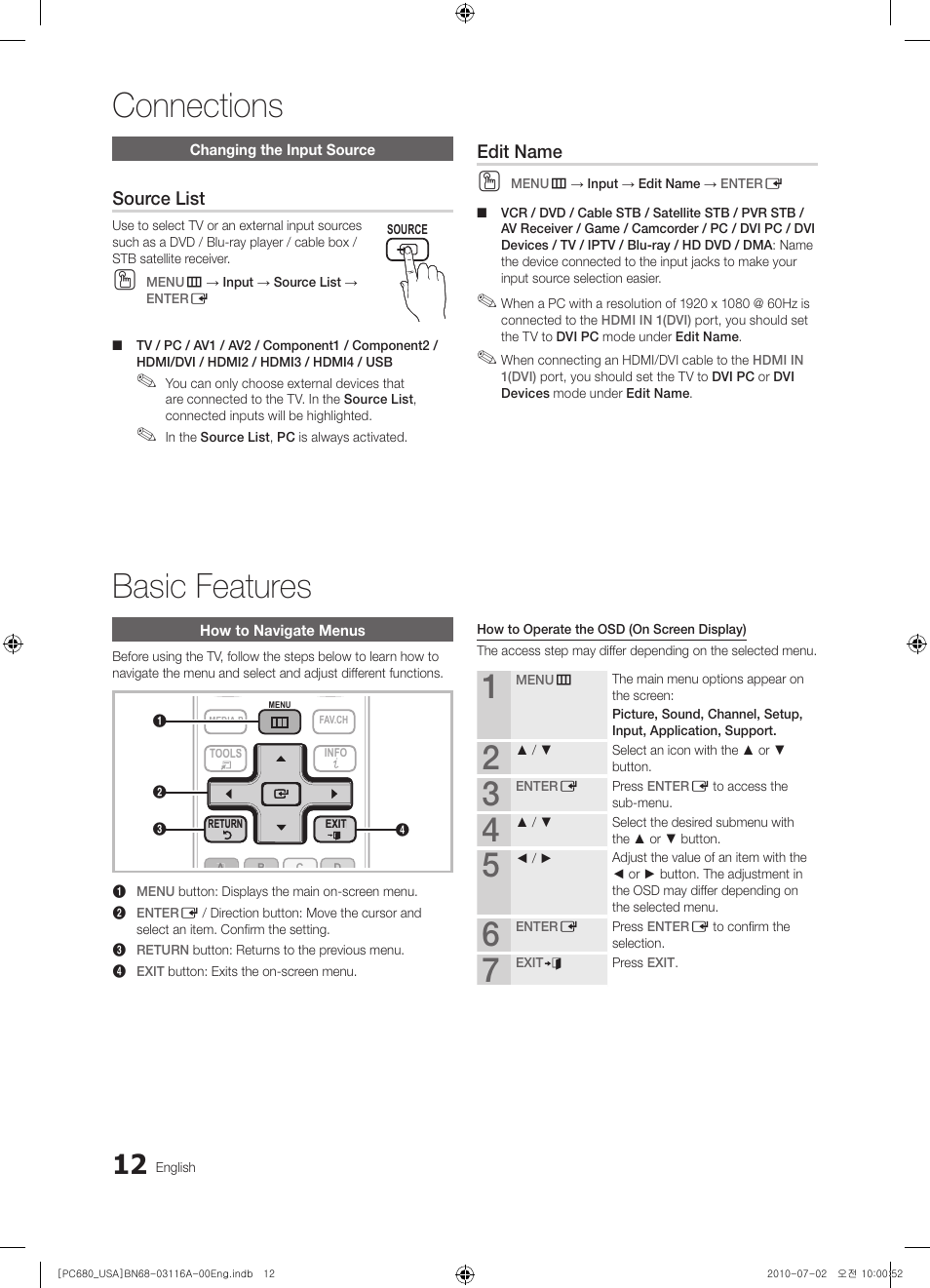 Changing the input source, Basic features, How to navigate menus | Connections, Source list, Edit name | Samsung PN50C680G5FXZA User Manual | Page 12 / 56