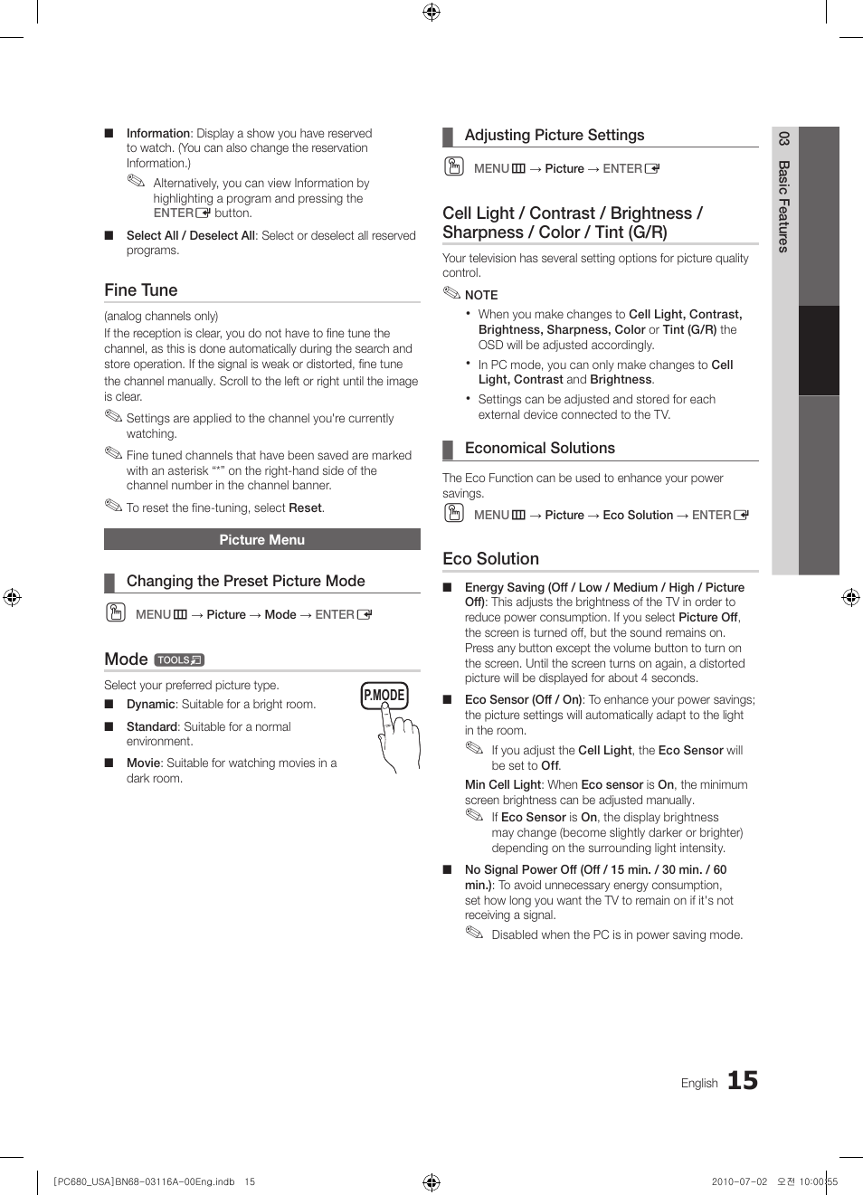 Picture menu | Samsung PN50C680G5FXZA User Manual | Page 15 / 56