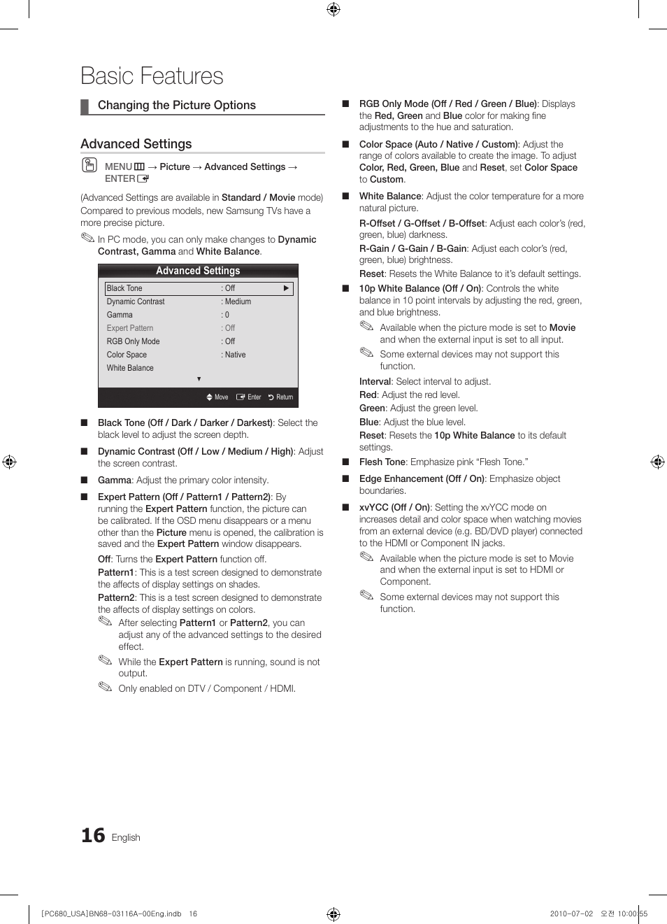 Basic features, Advanced settings | Samsung PN50C680G5FXZA User Manual | Page 16 / 56