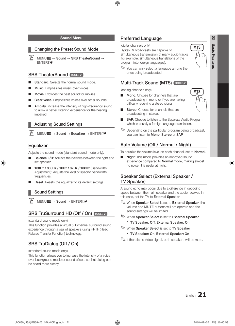 Sound menu | Samsung PN50C680G5FXZA User Manual | Page 21 / 56