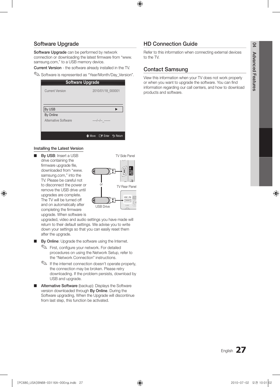 Software upgrade, Hd connection guide, Contact samsung | Samsung PN50C680G5FXZA User Manual | Page 27 / 56