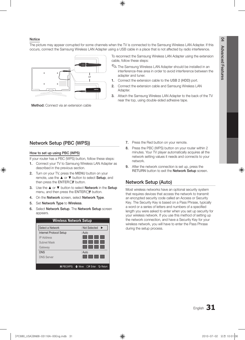 Network setup (pbc (wps)), Network setup (auto) | Samsung PN50C680G5FXZA User Manual | Page 31 / 56