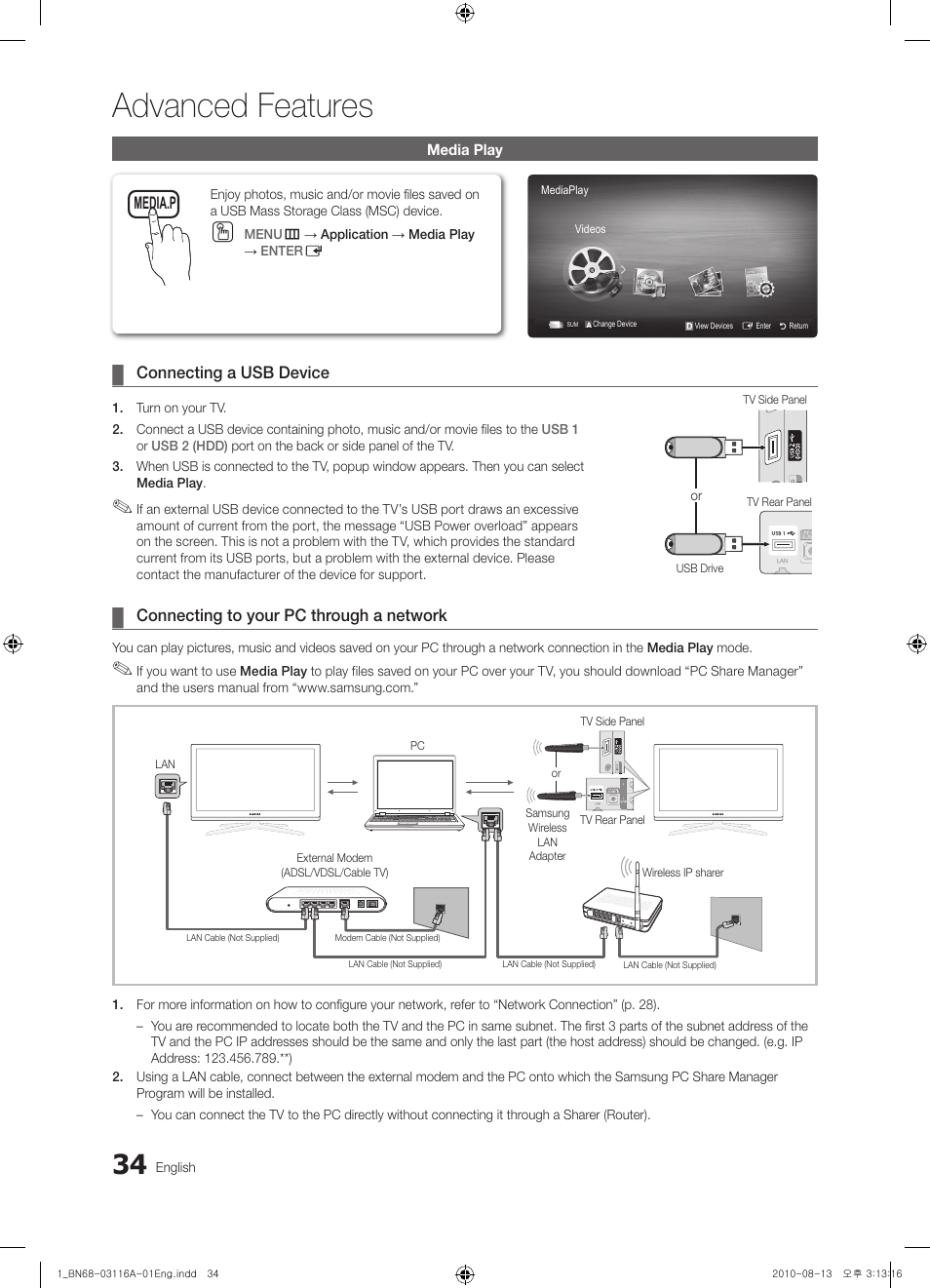 Media play, Advanced features | Samsung PN50C680G5FXZA User Manual | Page 34 / 56