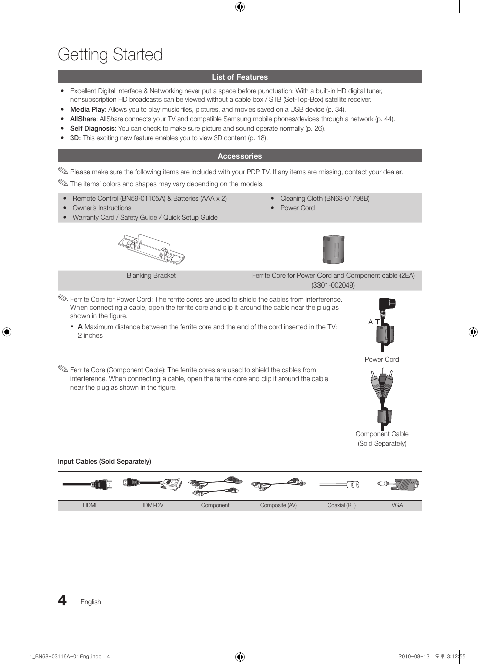 Getting started, List of features, Accessories | Samsung PN50C680G5FXZA User Manual | Page 4 / 56