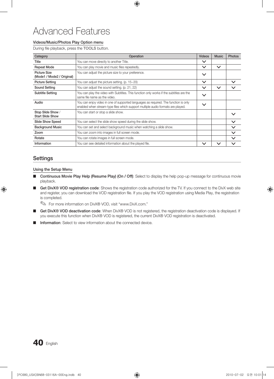 Advanced features, Settings | Samsung PN50C680G5FXZA User Manual | Page 40 / 56