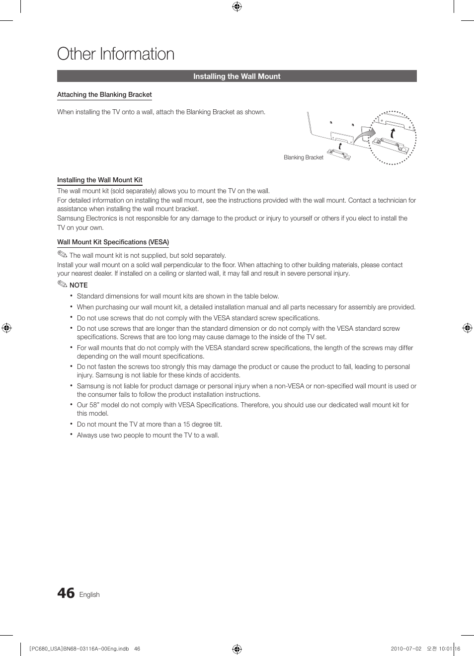 Other information, Installing the wall mount | Samsung PN50C680G5FXZA User Manual | Page 46 / 56