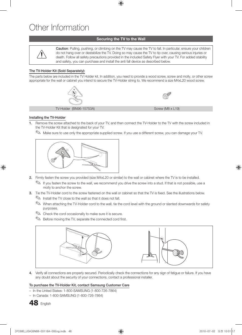Securing the tv to the wall, Other information | Samsung PN50C680G5FXZA User Manual | Page 48 / 56