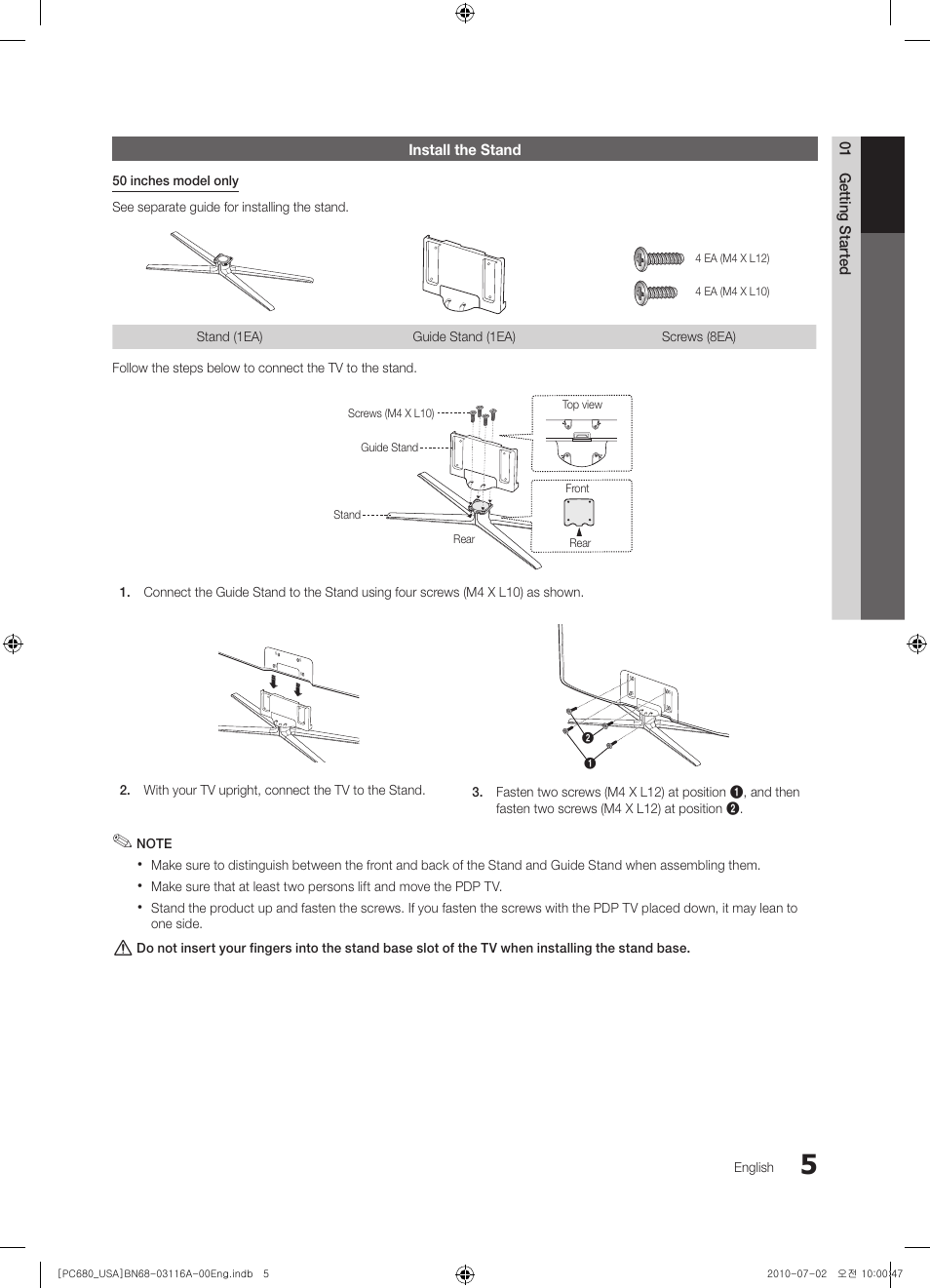 Install the stand | Samsung PN50C680G5FXZA User Manual | Page 5 / 56