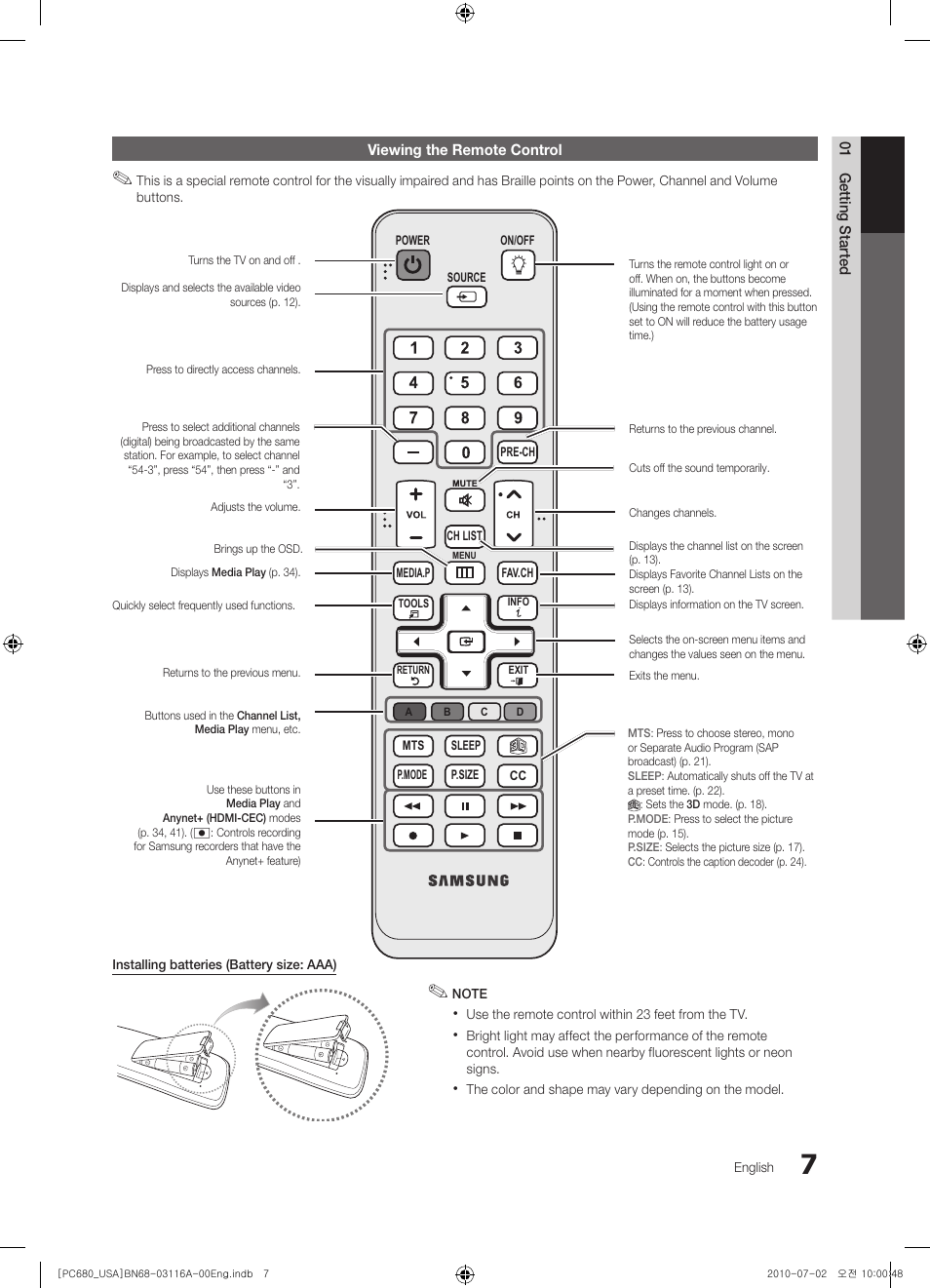 Viewing the remote control | Samsung PN50C680G5FXZA User Manual | Page 7 / 56