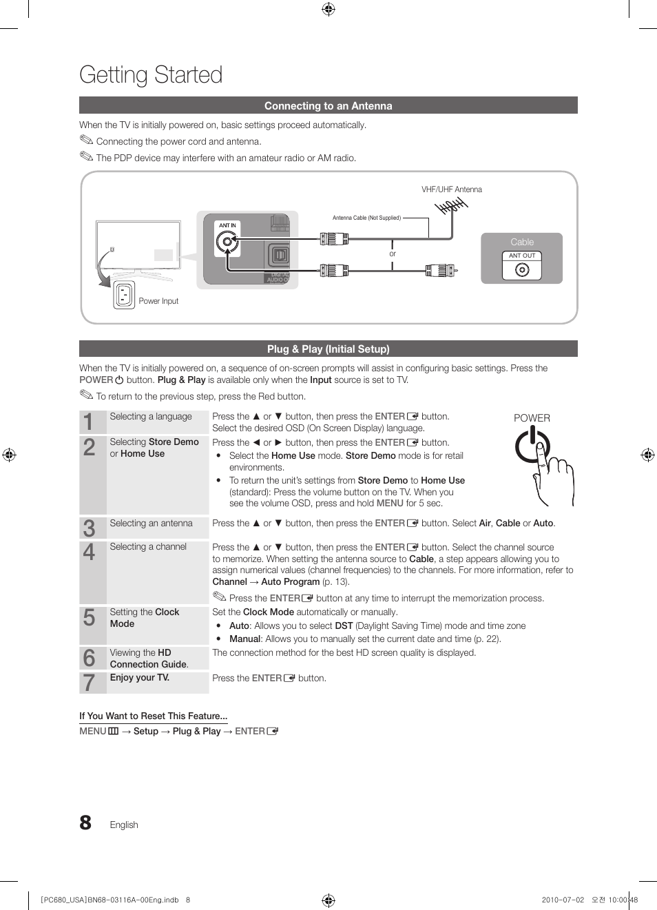 Connecting to an antenna, Plug & play (initial setup), Getting started | Info guide | Samsung PN50C680G5FXZA User Manual | Page 8 / 56