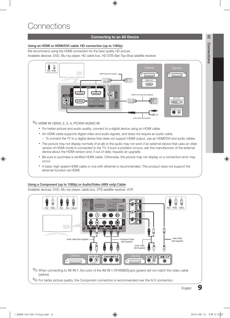 Connections, Connecting to an av device, 02 connections | Samsung PN50C680G5FXZA User Manual | Page 9 / 56