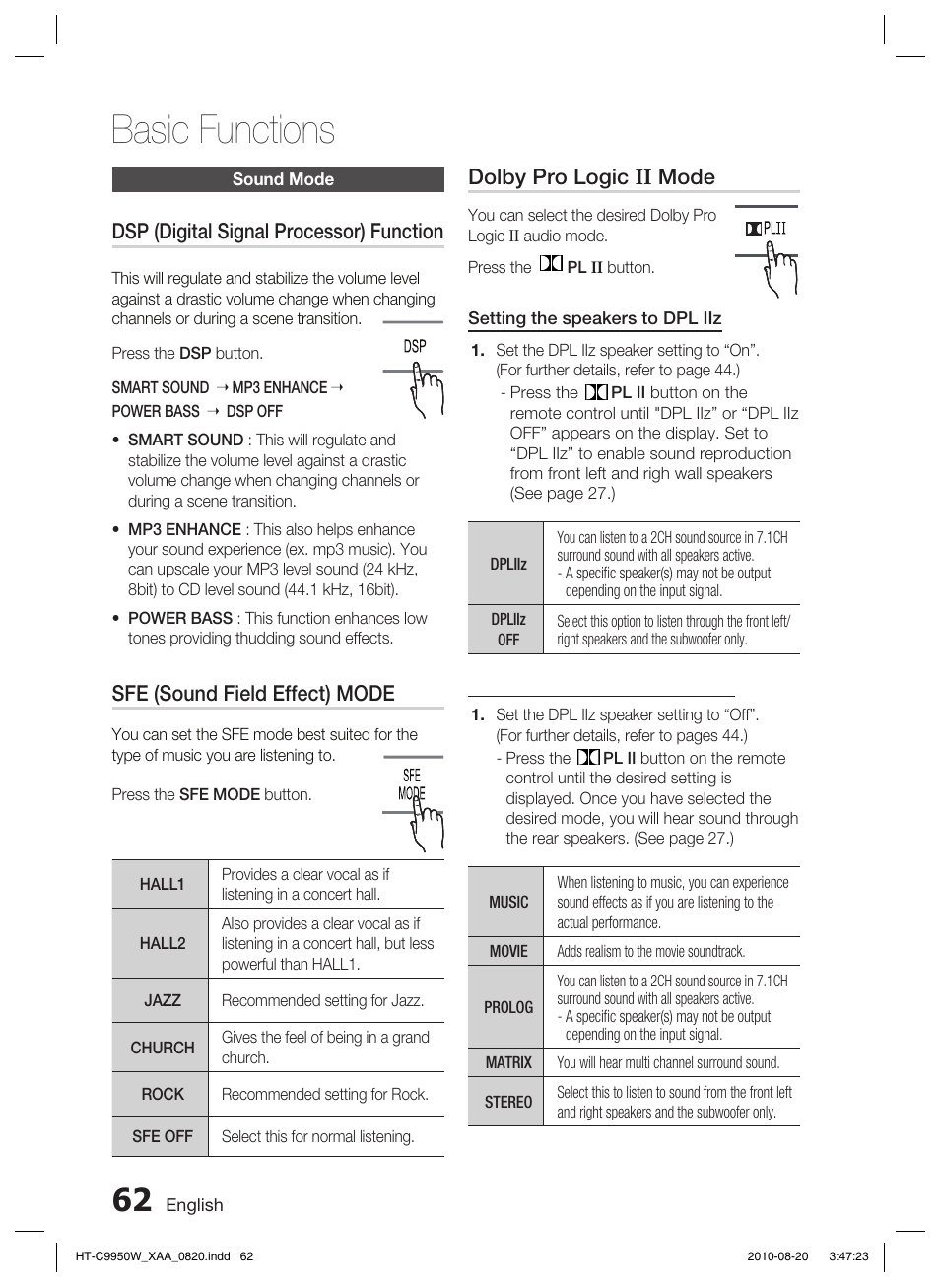 Sound mode, Basic functions, Dsp (digital signal processor) function | Sfe (sound field effect) mode, Dolby pro logic ii mode | Samsung HT-C9950W-XAA User Manual | Page 62 / 85