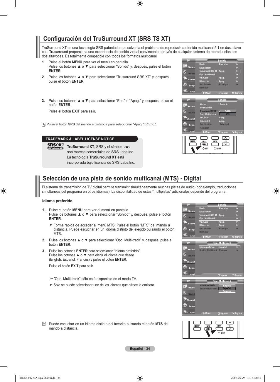 Configuración del trusurround xt (srs ts xt) | Samsung LNT466FX-XAA User Manual | Page 125 / 180