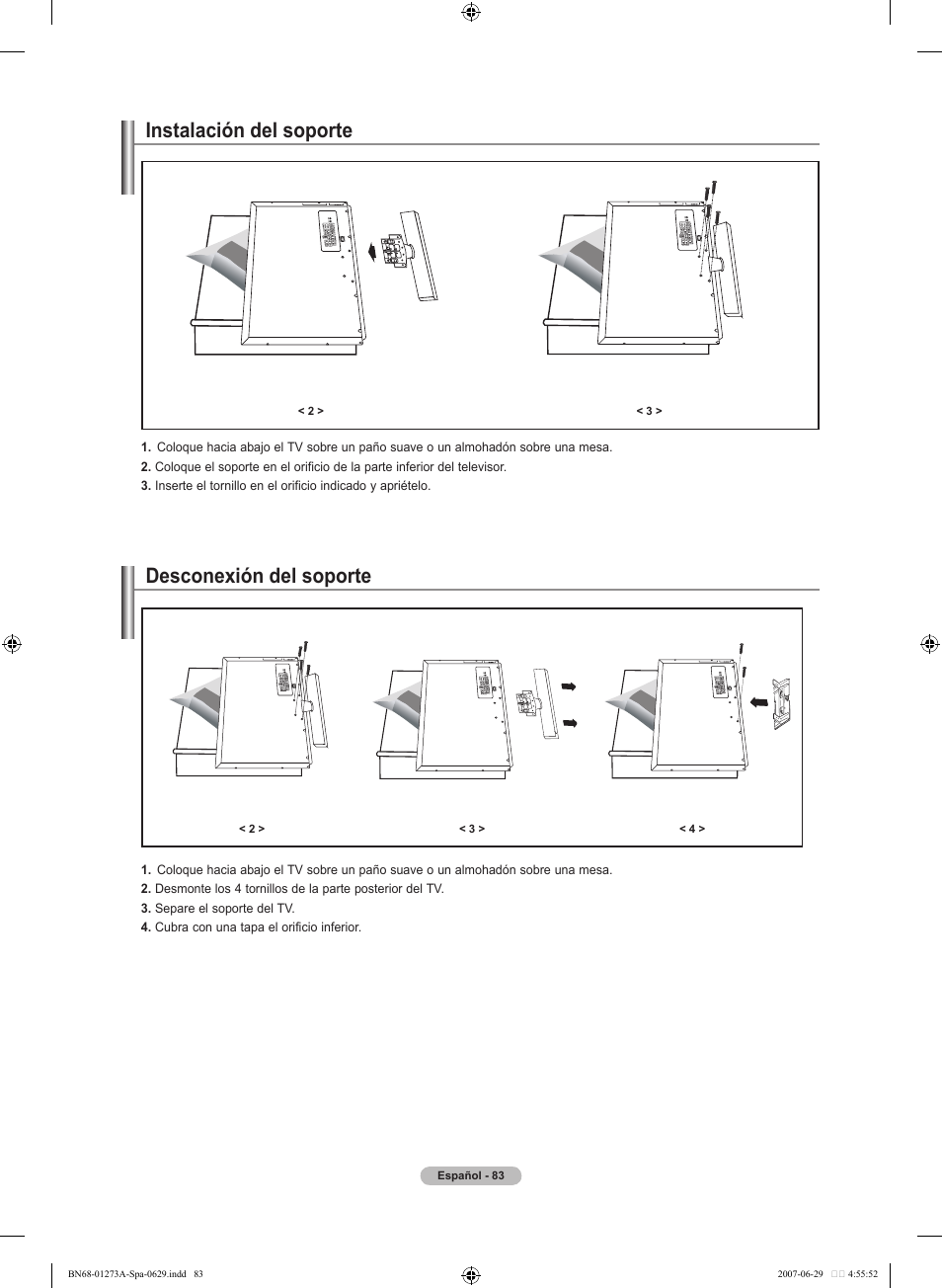 Instalación del soporte, Desconexión del soporte | Samsung LNT466FX-XAA User Manual | Page 174 / 180