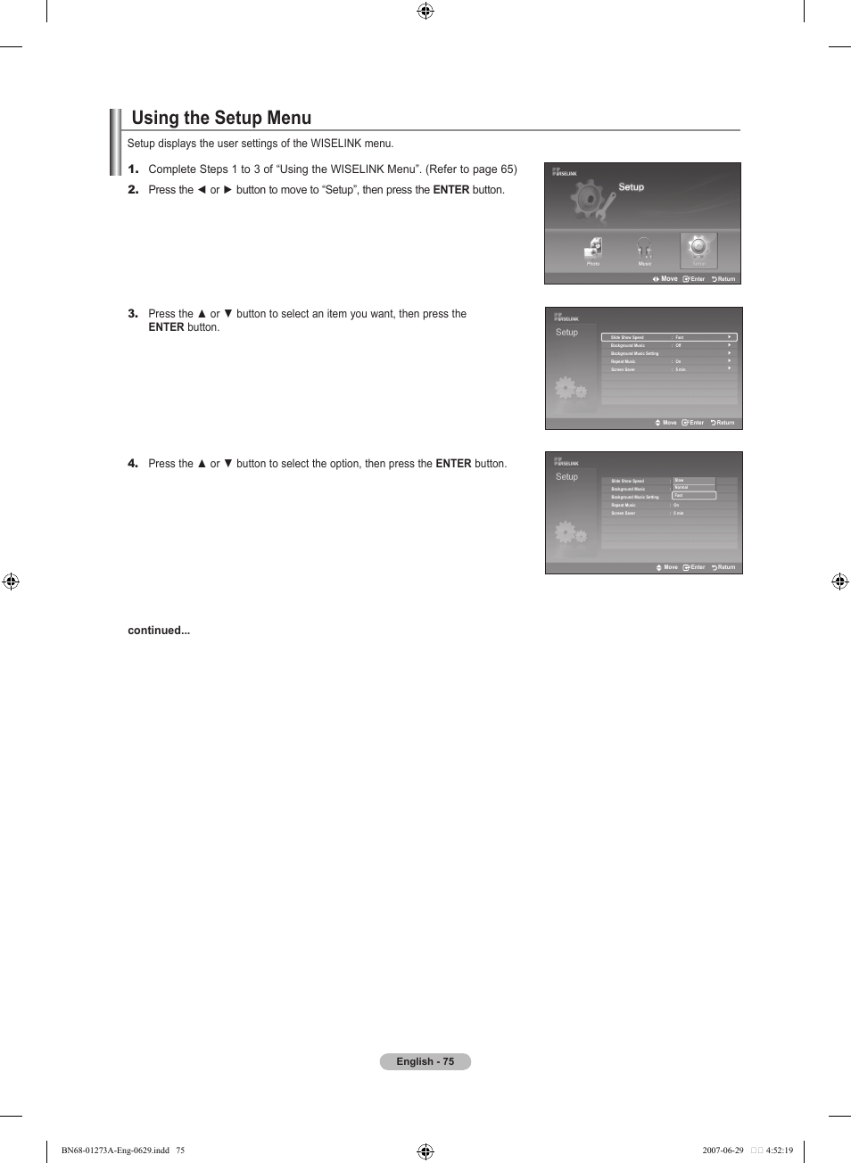 Using the setup menu, English | Samsung LNT466FX-XAA User Manual | Page 77 / 180