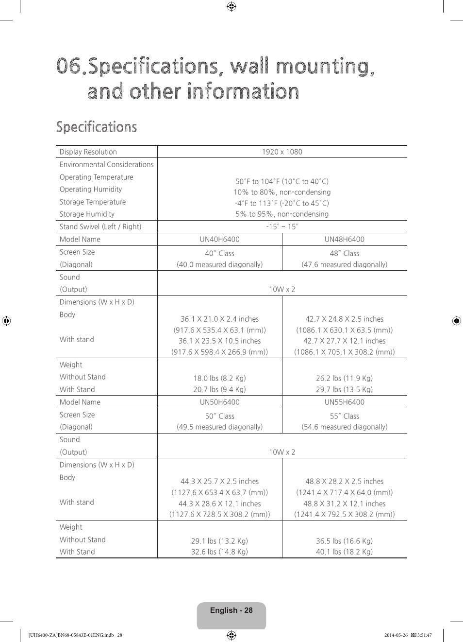 Specifications | Samsung UN65H6400AFXZA User Manual | Page 28 / 40