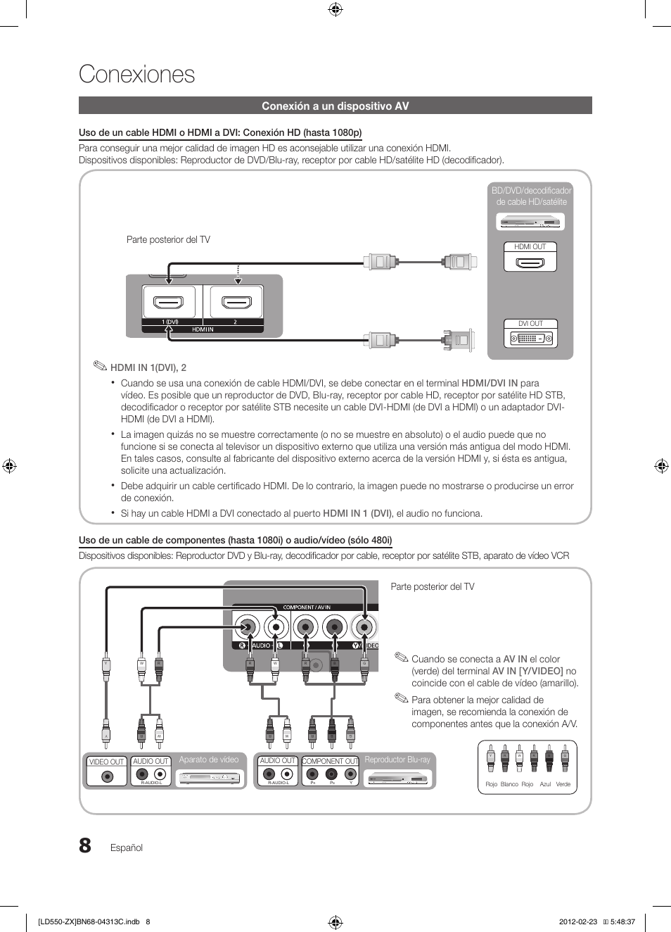 Conexiones, Conexión a un dispositivo av, Español | Parte posterior del tv, Hdmi in 1(dvi), 2 | Samsung LN40E550F7FXZA User Manual | Page 38 / 62