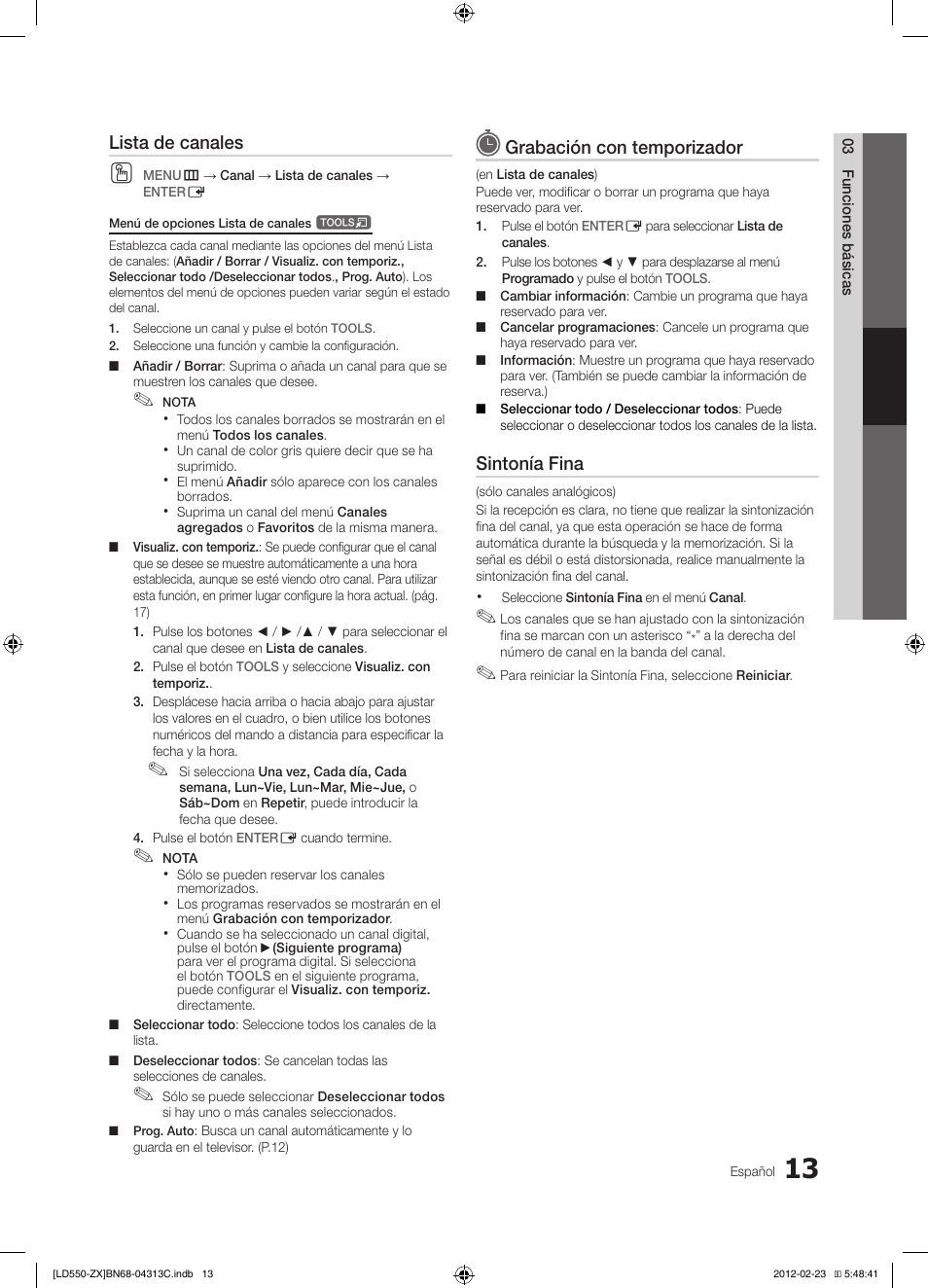 Lista de canales, Grabación con temporizador, Sintonía fina | Samsung LN40E550F7FXZA User Manual | Page 43 / 62