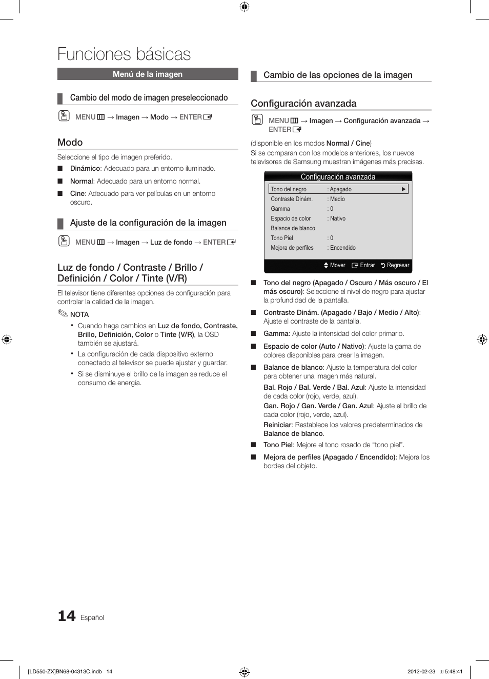 Funciones básicas, Modo, Configuración avanzada | Samsung LN40E550F7FXZA User Manual | Page 44 / 62
