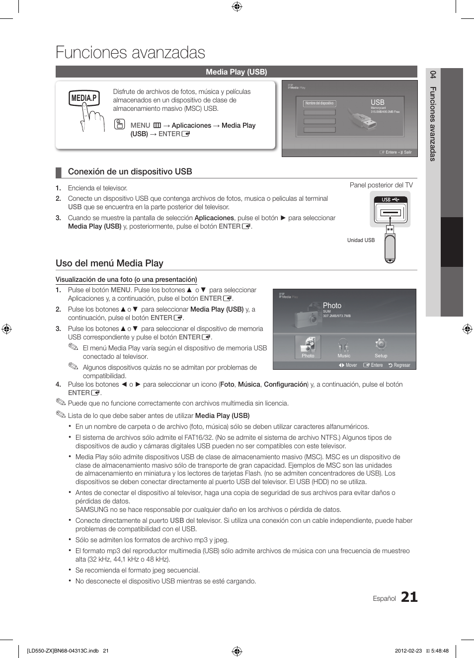 Funciones avanzadas, Uso del menú media play, Conexión de un dispositivo usb | Media.p, Sleep s.mode p.mode, 04 funciones avanzadas media play (usb), Power, Photo, Music | Samsung LN40E550F7FXZA User Manual | Page 51 / 62
