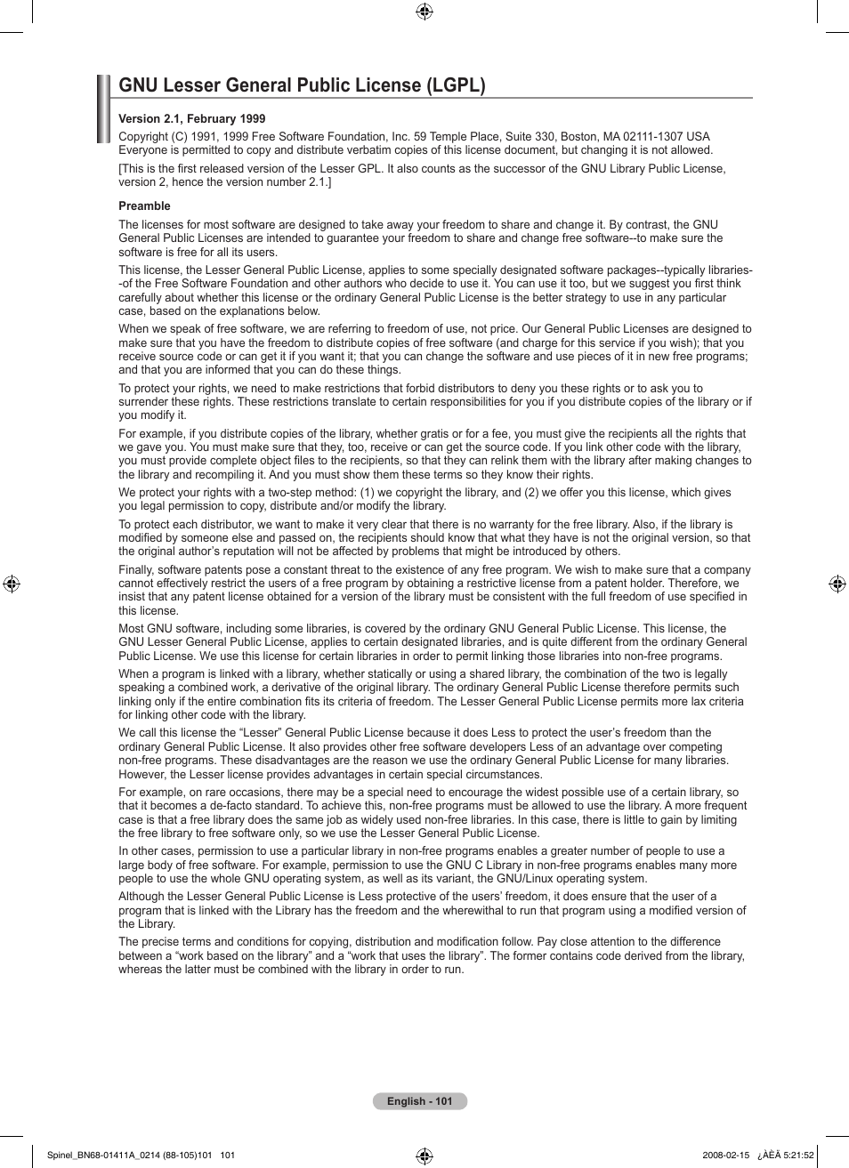 Gnu lesser general public license (lgpl) | Samsung PN50A550S1FXZA User Manual | Page 101 / 205