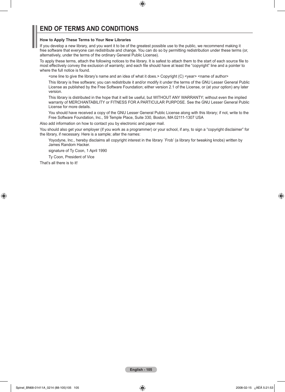 End of terms and conditions | Samsung PN50A550S1FXZA User Manual | Page 105 / 205