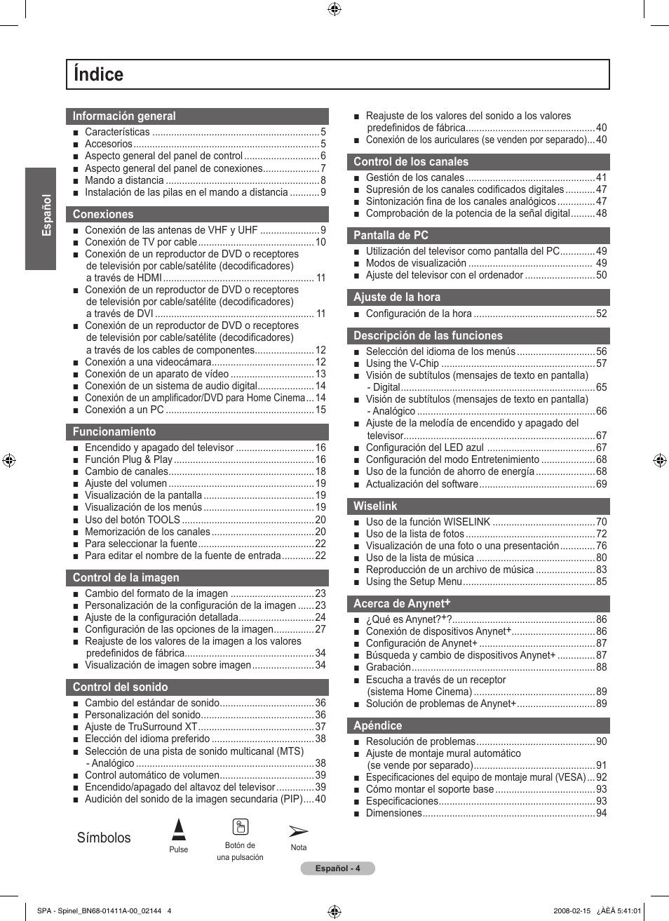Índice, Símbolos | Samsung PN50A550S1FXZA User Manual | Page 110 / 205