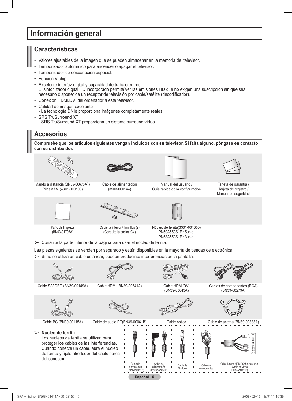 Información general, Características, Accesorios | Samsung PN50A550S1FXZA User Manual | Page 111 / 205