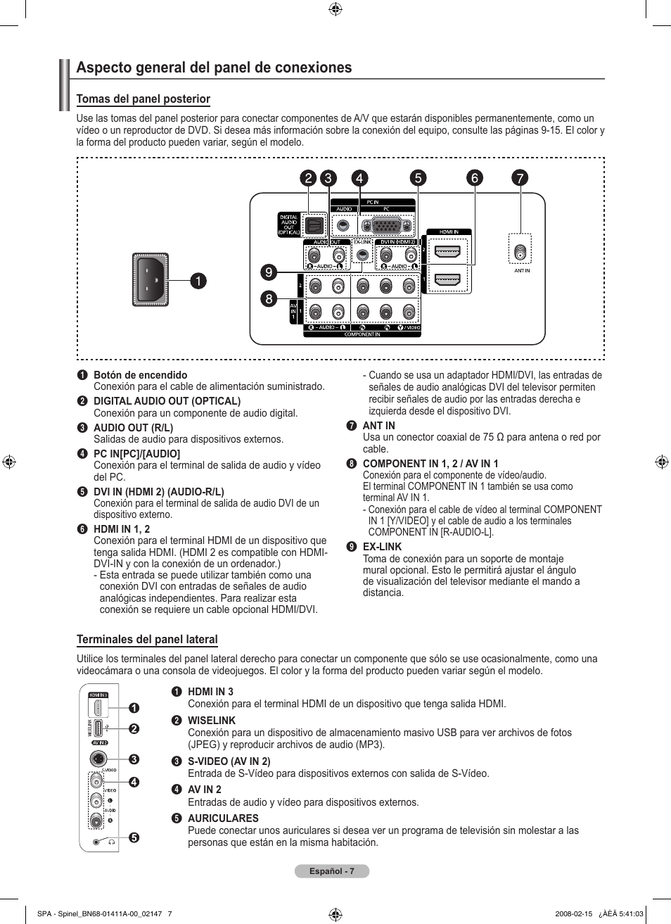 Aspecto general del panel de conexiones | Samsung PN50A550S1FXZA User Manual | Page 113 / 205