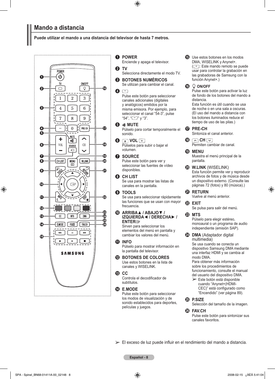 Mando a distancia | Samsung PN50A550S1FXZA User Manual | Page 114 / 205