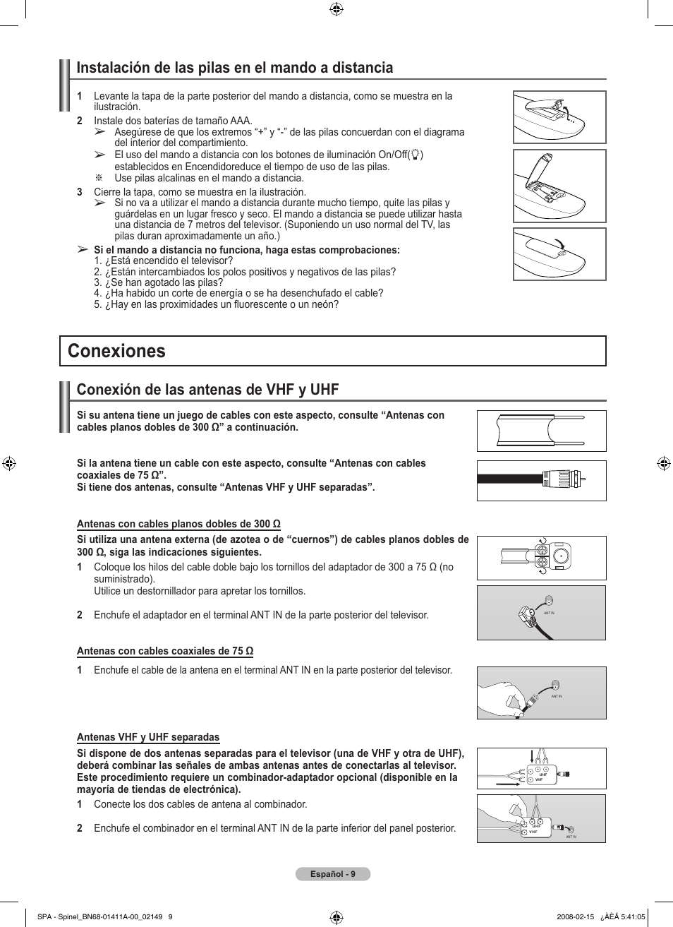 Conexiones, Conexión de las antenas de vhf y uhf, Instalación de las pilas en el mando a distancia | Samsung PN50A550S1FXZA User Manual | Page 115 / 205