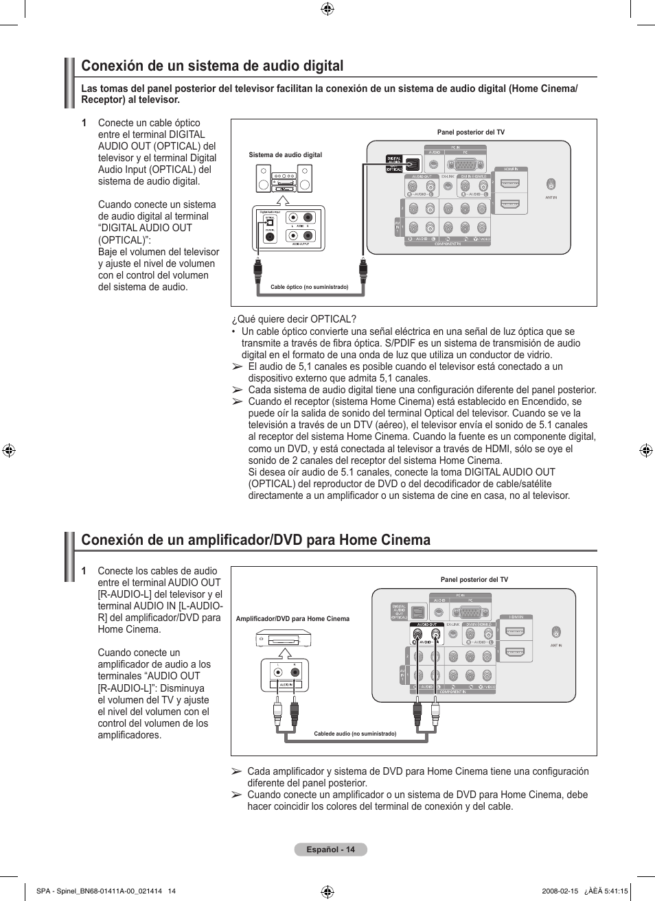 Conexión de un amplificador/dvd para home cinema, Conexión de un sistema de audio digital | Samsung PN50A550S1FXZA User Manual | Page 120 / 205