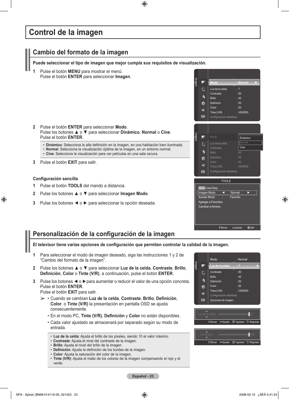 Control de la imagen, Cambio del formato de la imagen, Personalización de la configuración de la imagen | Pulse el botón enter, Pulse el botón exit para salir | Samsung PN50A550S1FXZA User Manual | Page 129 / 205