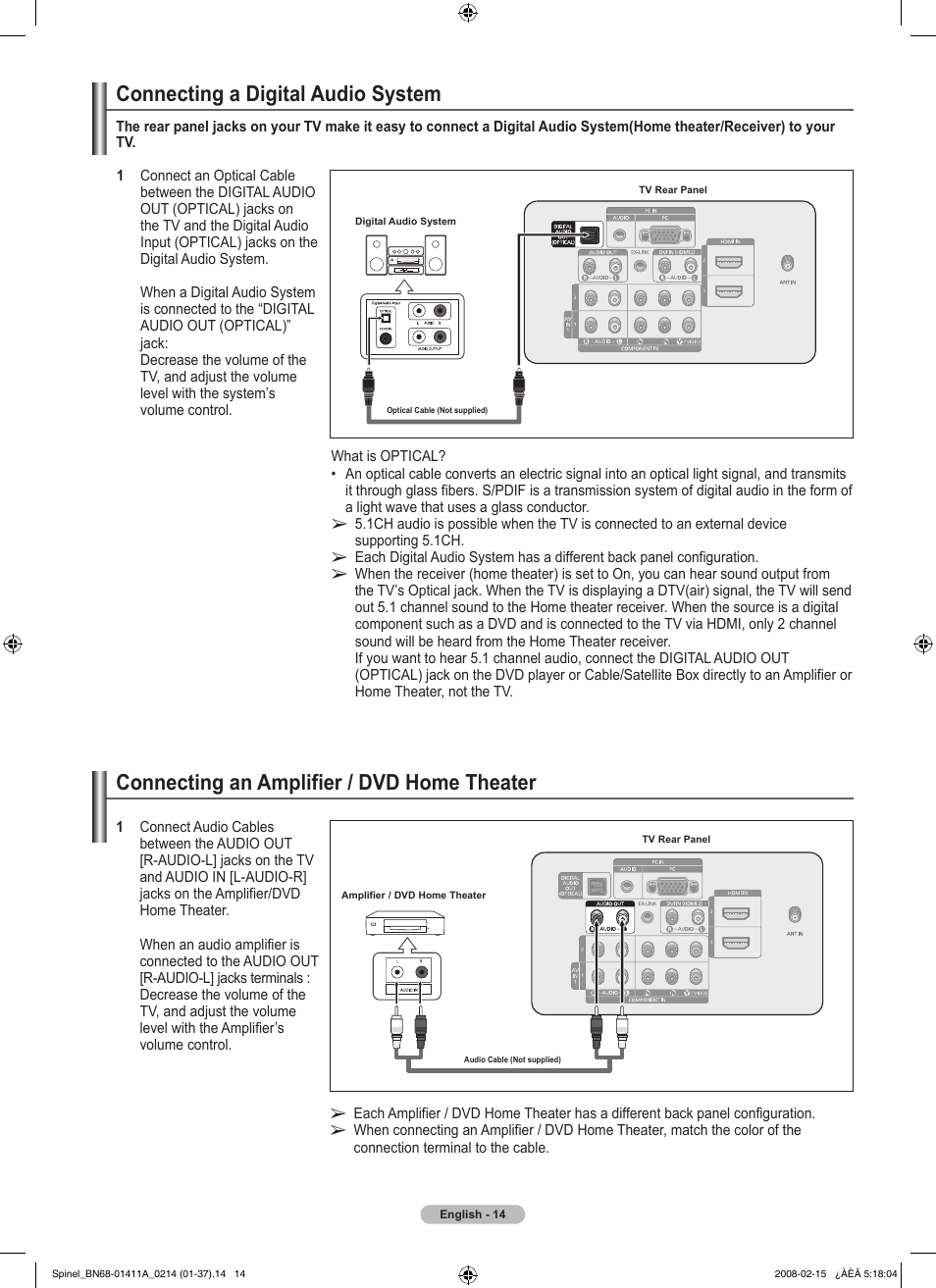 Connecting a digital audio system, Connecting an amplifier / dvd home theater | Samsung PN50A550S1FXZA User Manual | Page 14 / 205
