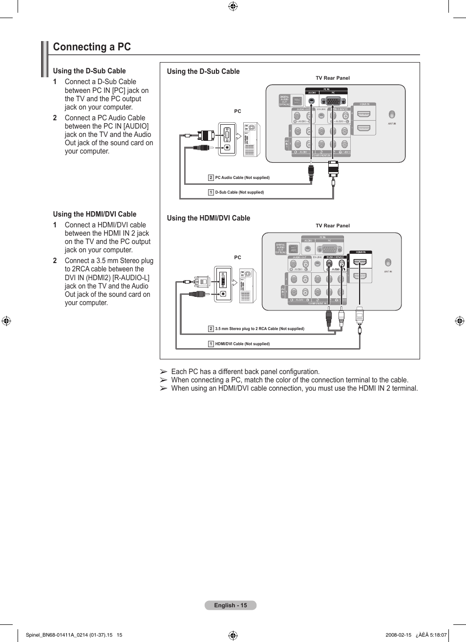 Connecting a pc | Samsung PN50A550S1FXZA User Manual | Page 15 / 205