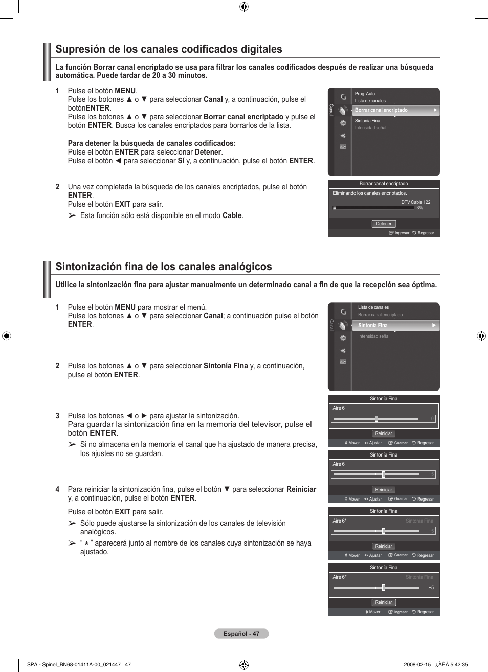 Supresión de los canales codificados digitales, Sintonización fina de los canales analógicos | Samsung PN50A550S1FXZA User Manual | Page 153 / 205