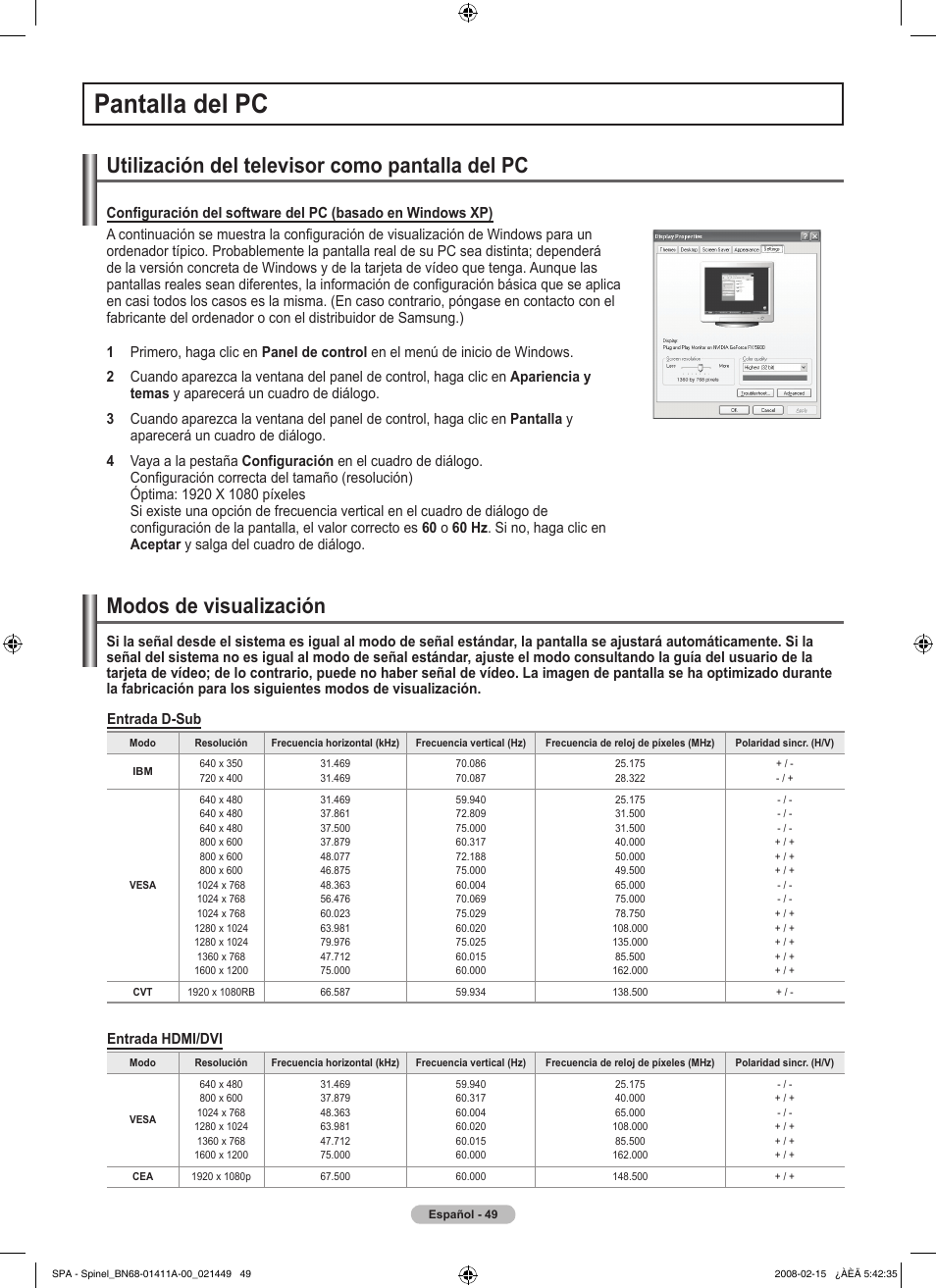 Pantalla del pc, Utilización del televisor como pantalla del pc, Modos de visualización | Samsung PN50A550S1FXZA User Manual | Page 155 / 205